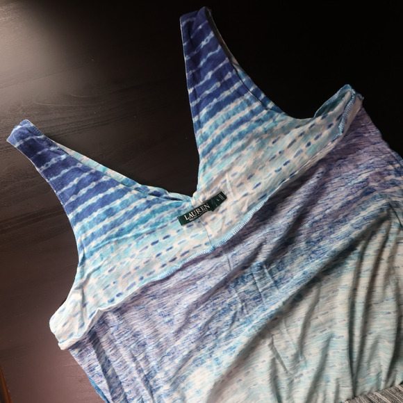 Lauren Ralph Lauren Blue Ombre Striped T-Shirt Dress V-Neck Sleeveless Sz L Chic - Picture 5 of 7
